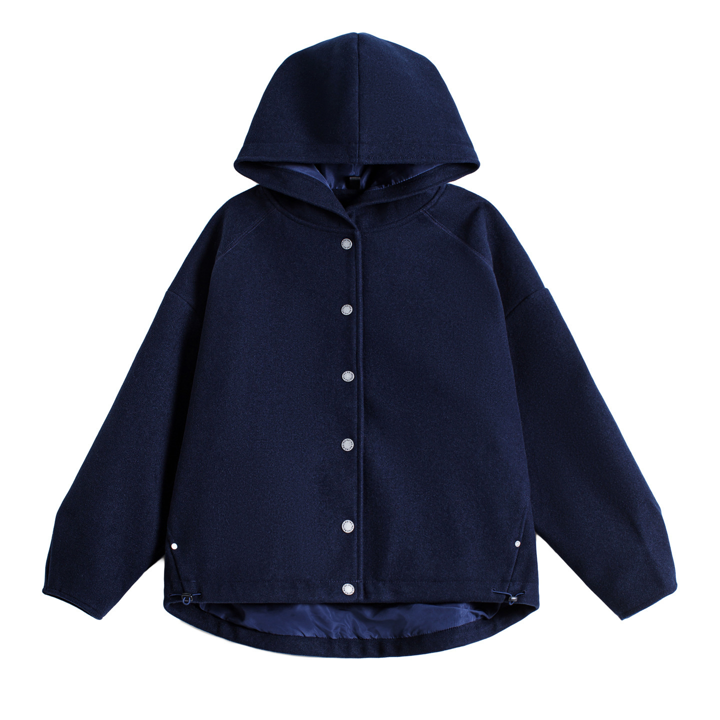 復古藏青色收腰休閒加厚防風連帽毛呢呢子外套開衫上衣女秋冬