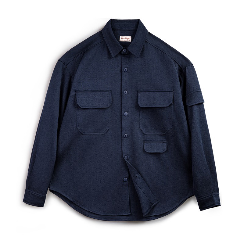 美式休閒廓形抗皺免燙長袖襯衫寬鬆翻領口袋襯衣外套男秋-Retro's Wear