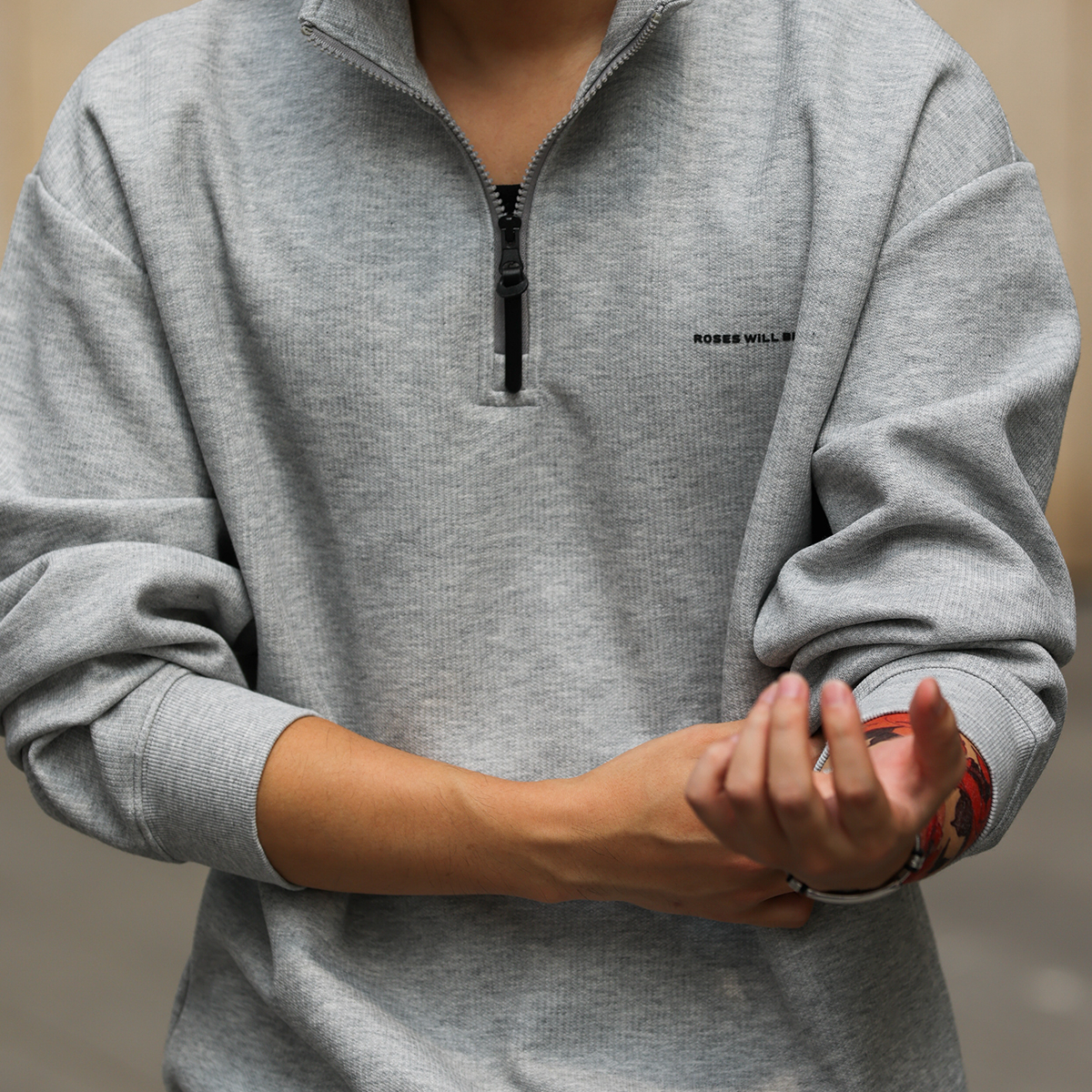 美式休閒半拉鍊立領長袖衛衣男340g針織肌理套頭上衣秋