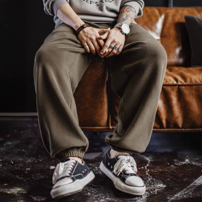 美式復古搖粒絨衛褲加絨保暖棕色美拉德束脚休閒褲男秋冬