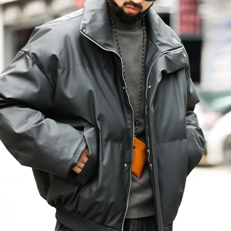 美式休閒cleanfit短款立領PU皮棉服外套男寬鬆復古高級感棉衣-Retro's Wear