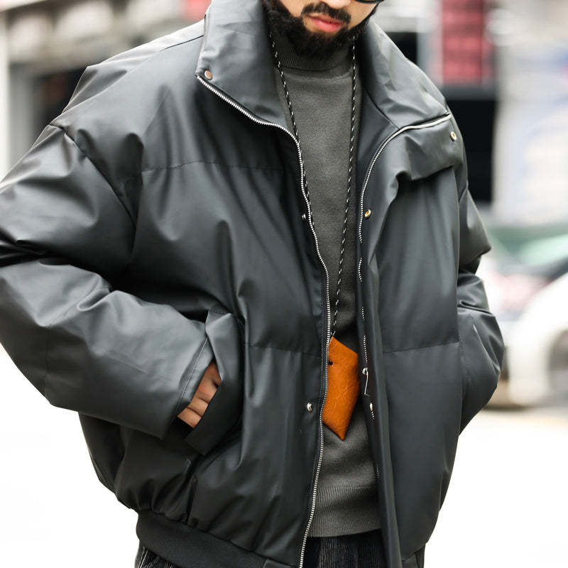 美式休閒cleanfit短款立領PU皮棉服外套男寬鬆復古高級感棉衣-Retro's Wear