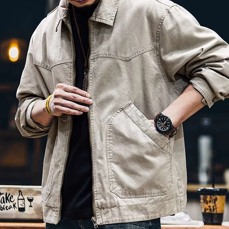 30g純棉重磅帆布復古夾克男春季2025新款美式做舊翻領機車外套男