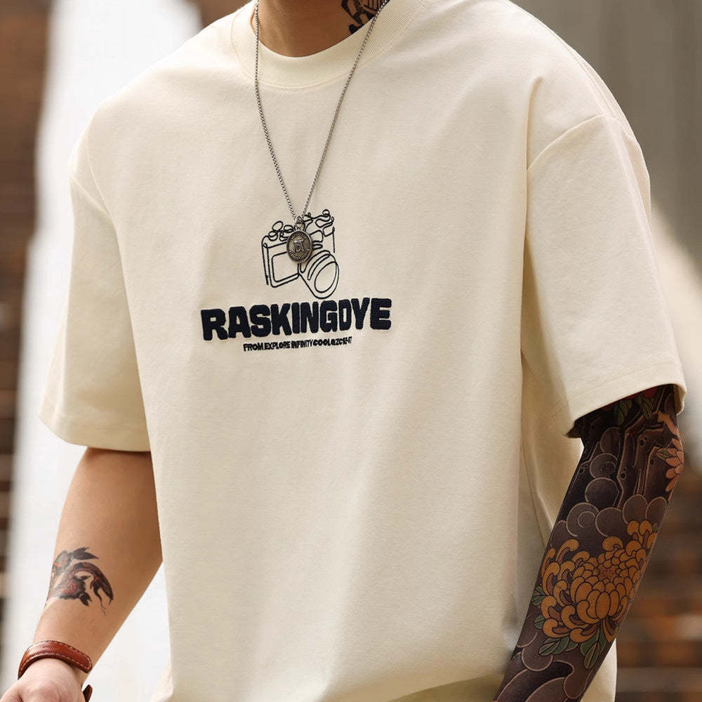 美式休閒210g發泡織圈短袖T恤男寬鬆杏色雙面棉印花TEE