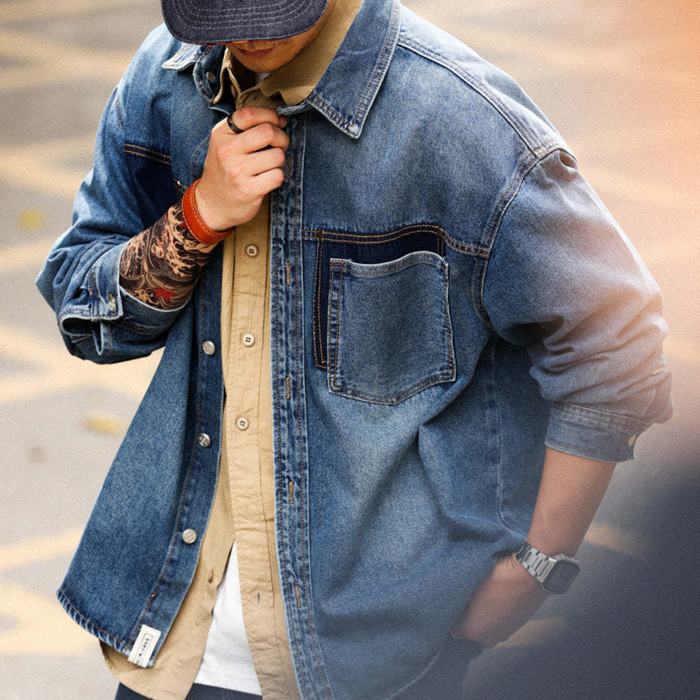 美式復古重磅牛仔襯衫男寬鬆撞色口袋設計高級感長袖夾克外套-Retro's Wear
