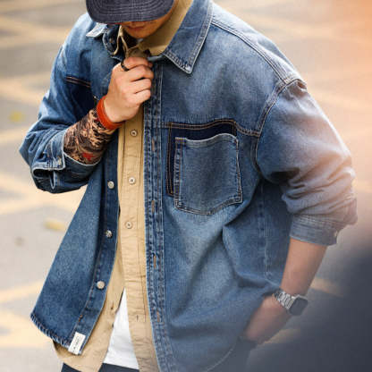 美式復古重磅牛仔襯衫男寬鬆撞色口袋設計高級感長袖夾克外套-Retro's Wear