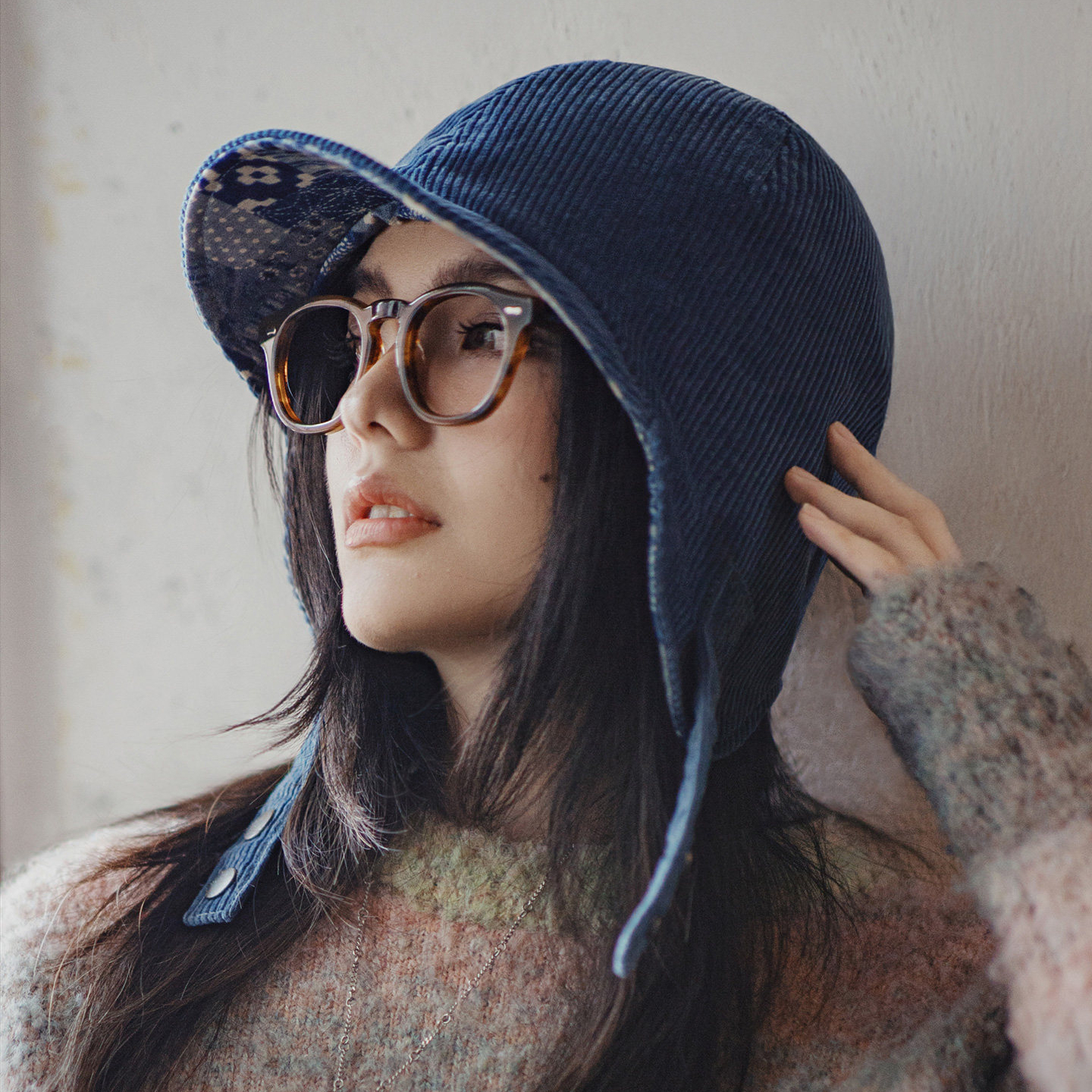 復古燈芯絨加厚防風防寒保暖飛行員藍色護耳雷鋒帽子女士冬