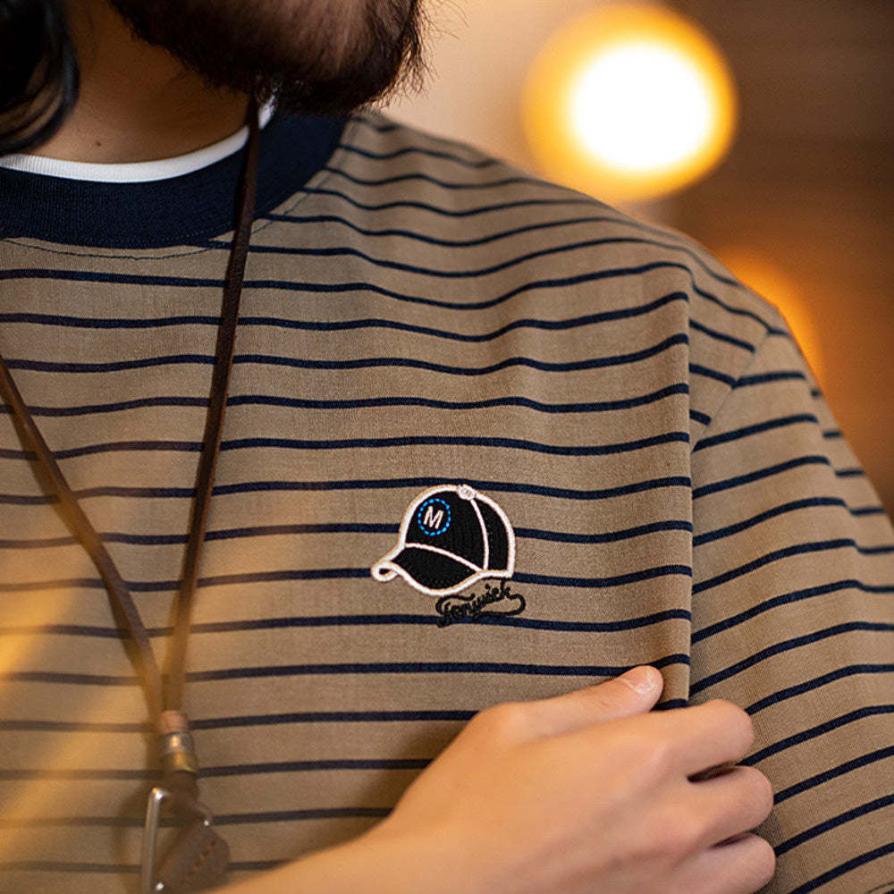 美式復古細條紋短袖t恤男2025夏季新款刺繡仿洗水做舊半袖男款夏t