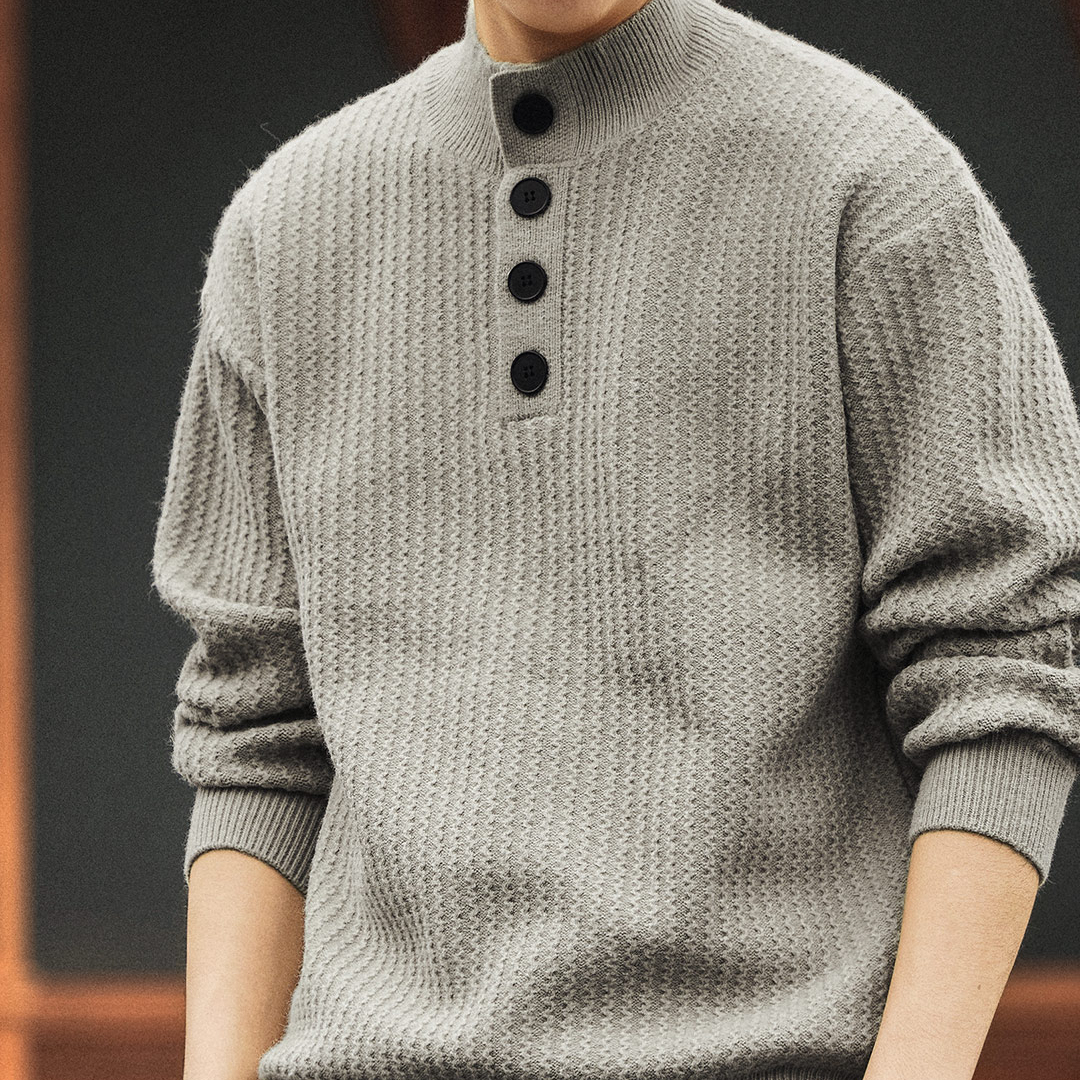 新中式半高領豎紋提花肌理感針織衫男士秋冬款加厚重磅毛衣