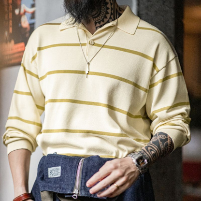 美式休閒條紋針織polo衫撞色翻領半開襟寬鬆長袖T恤男春