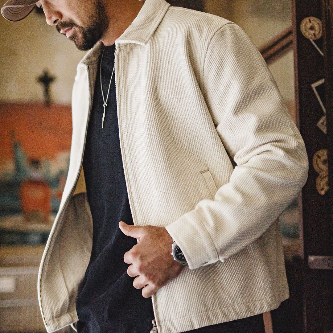 美式白色IKE教練夾克翻領重磅純棉正肩帆布短款外套男春