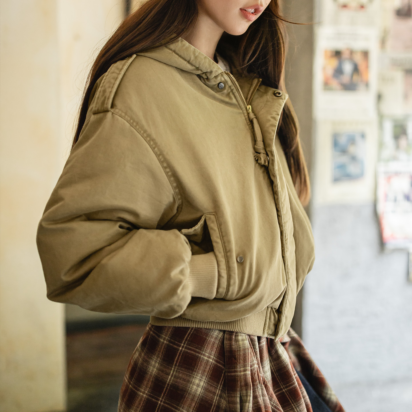 卡其色美式復古寬鬆飛行員夾克連帽工裝夾棉衣服外套女士秋冬