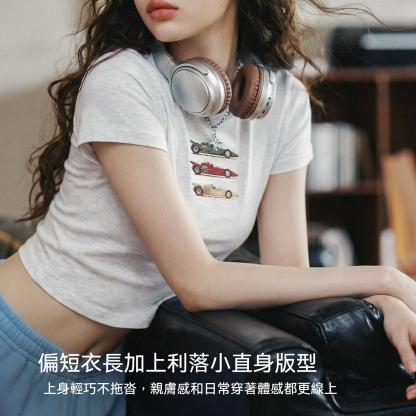 美式復古重磅正肩修身短款賽車印花短袖T恤辣妹風上衣女士夏