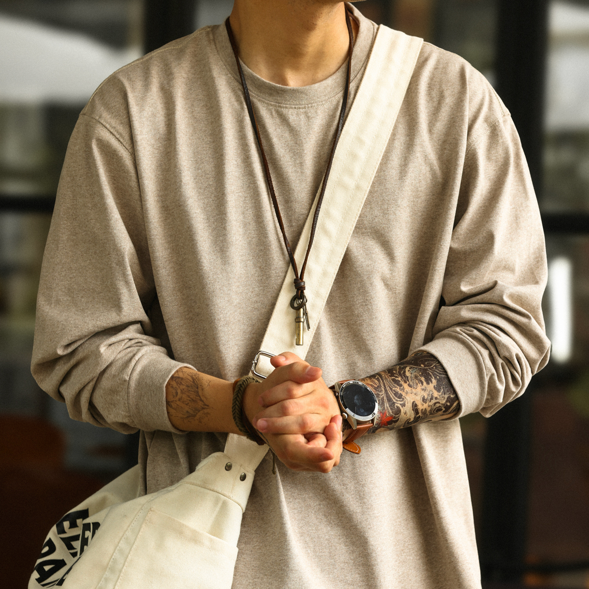 美式休閒260g燕麥灰圓領長袖T恤男秋季寬鬆基礎款打底衫