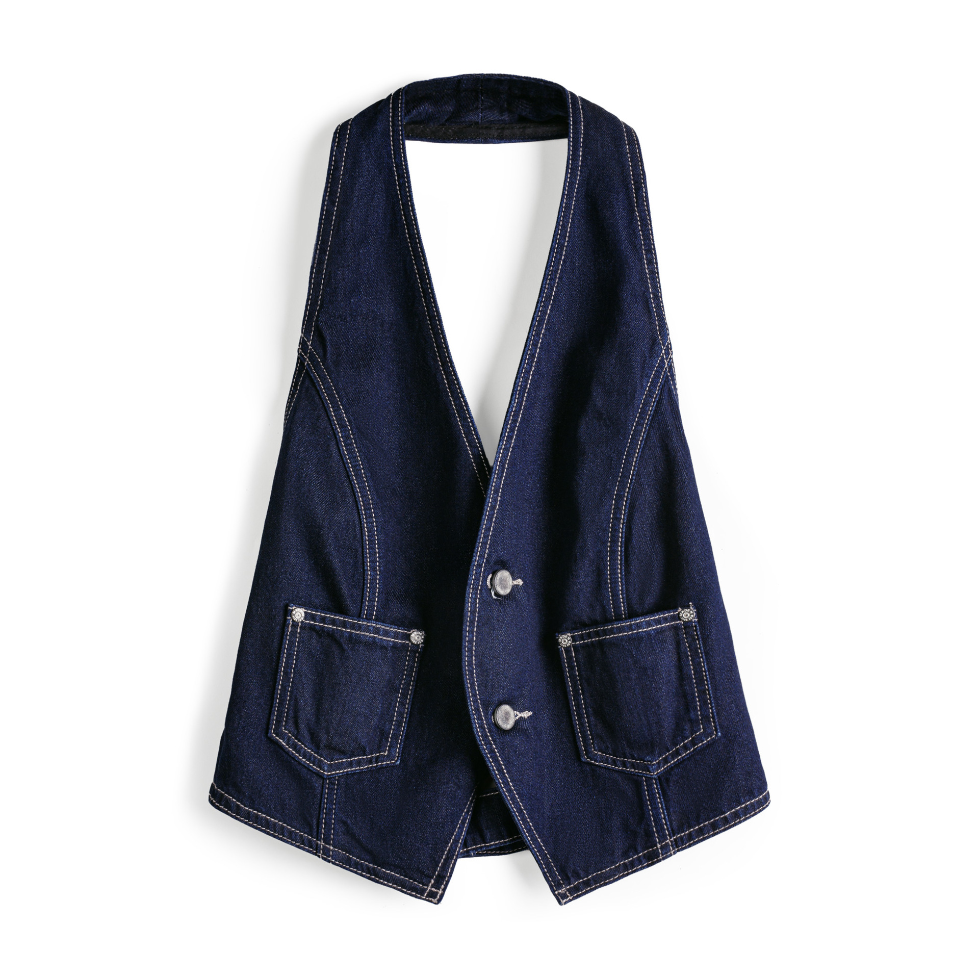 美式疊穿無袖V領背心開衫馬甲修身外穿坎肩露背掛脖短上衣女