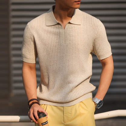 萊賽爾亞麻短袖V領Polo衫男意式老錢簡約翻領針織T恤夏