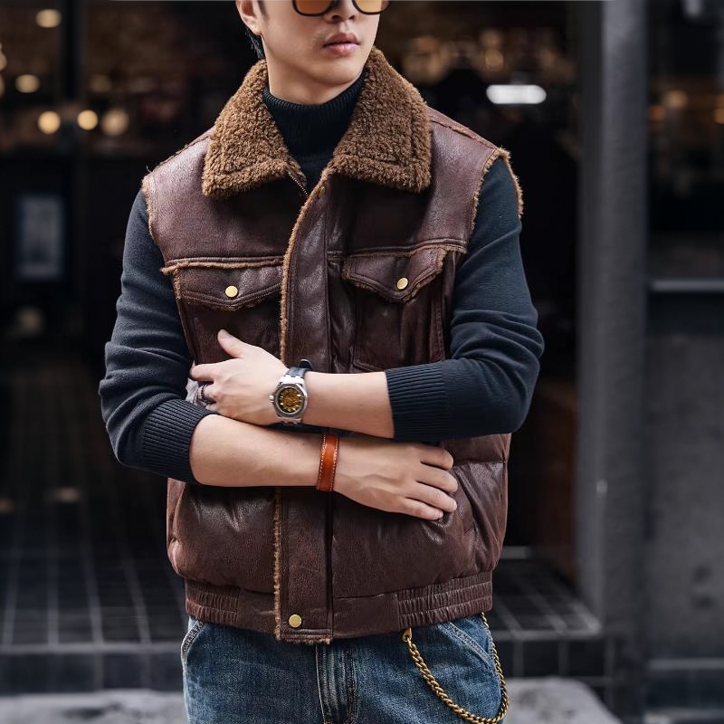 裂紋皮加厚羊羔絨棉衣馬甲男外套秋冬保暖棉服背心