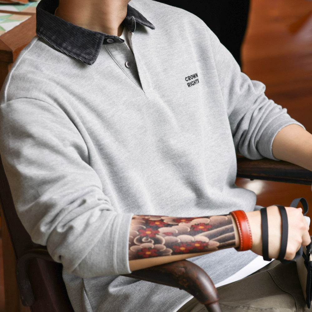 美式復古撞色領口長袖POLO衫男寬鬆休閒運動翻領針織T恤衛衣-Retro's Wear