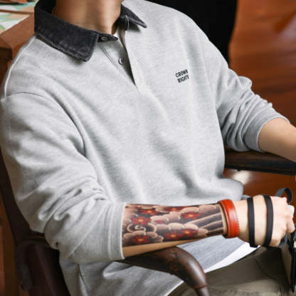 美式復古撞色領口長袖POLO衫男寬鬆休閒運動翻領針織T恤衛衣-Retro's Wear