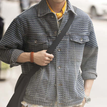 法式復古滿提花牛仔夾克男cityboy休閒高級感水洗外套秋-Retro's Wear