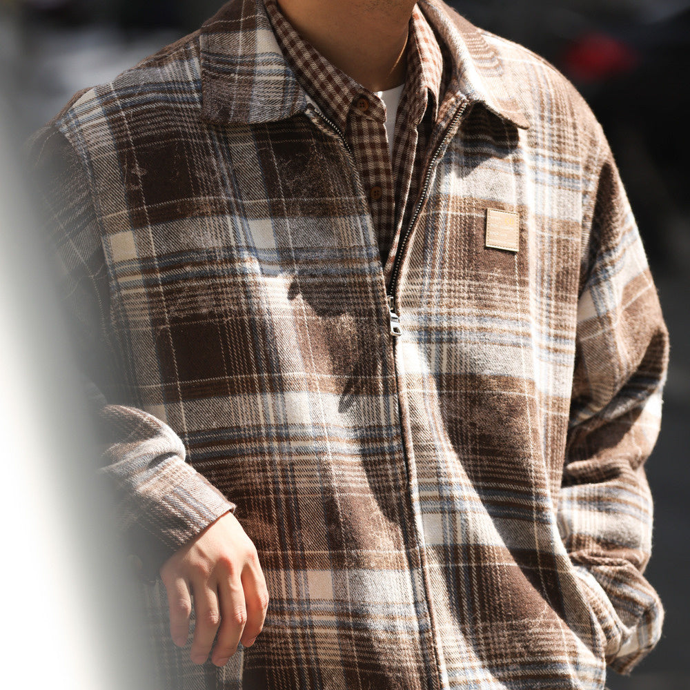 美式水墨暈染格紋夾克男雙向拉鍊寬鬆復古磨毛開衫翻領外套-Retro's Wear