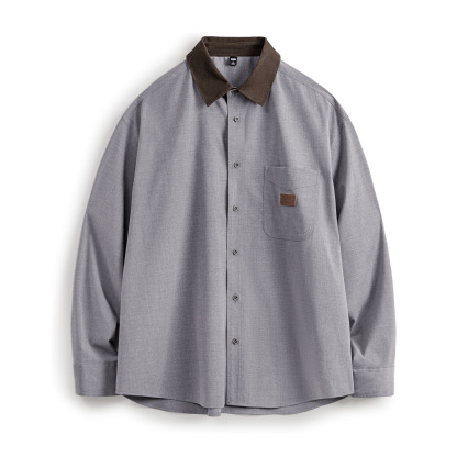 美式休閒燈芯絨拼接襯衫長袖老錢風灰色薄款襯衣外套男秋