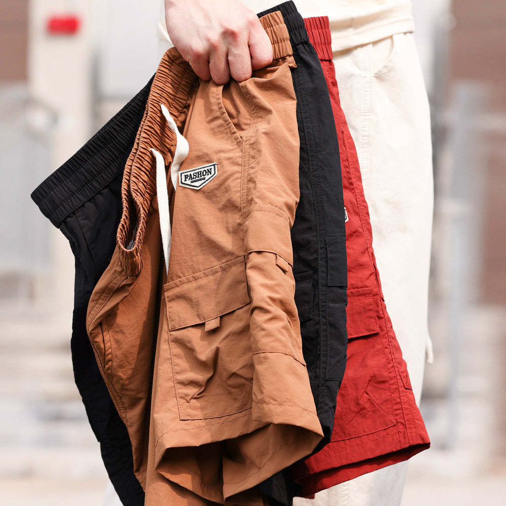 美式休閒尼龍速幹褶皺工裝短褲戶外運動薄款直筒五分褲男夏-Retro's Wear