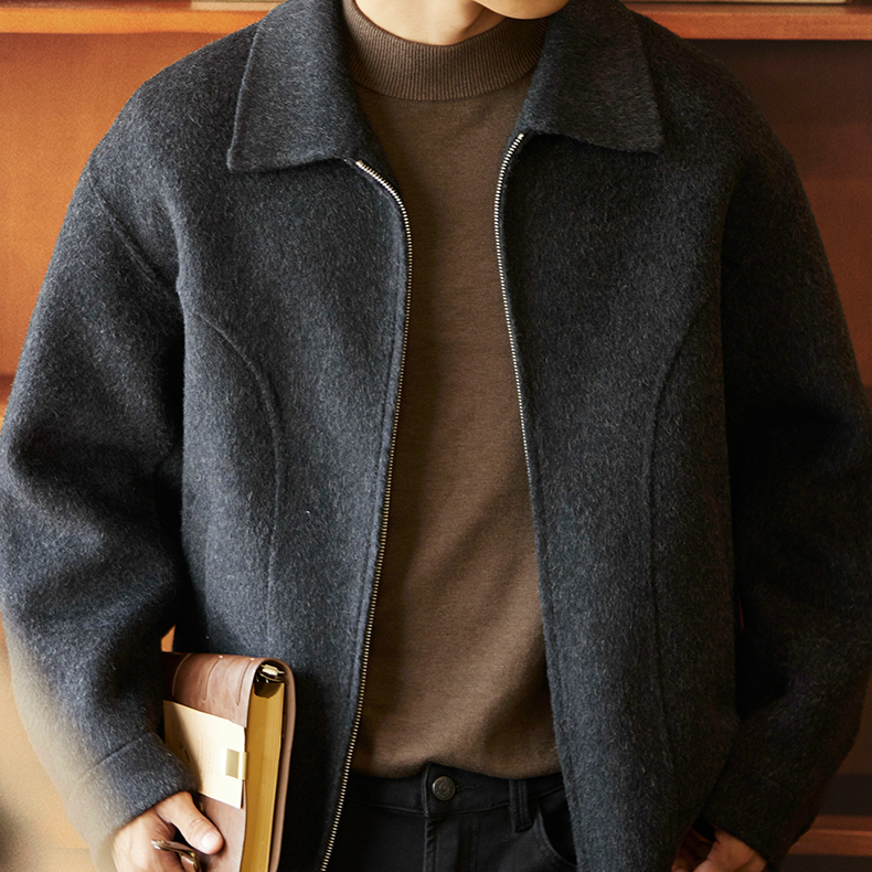 雙面羊絨短款翻領毛呢大衣男士2025冬季新款休閒保暖通勤夾克外套