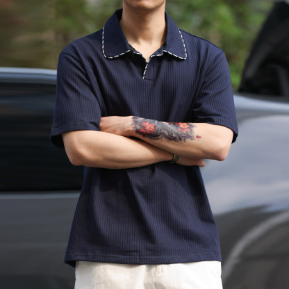 撞色包邊線小V領短袖T恤男士老錢風復古肌理感POLO衫夏