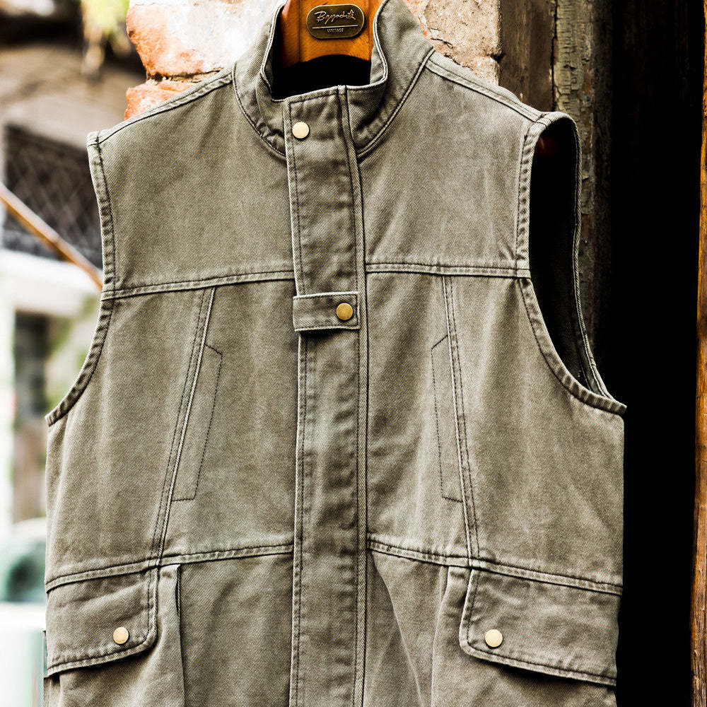 美式復古戰術大口袋馬甲男戶外寬鬆露營無坎肩運動釣魚服秋-Retro's Wear