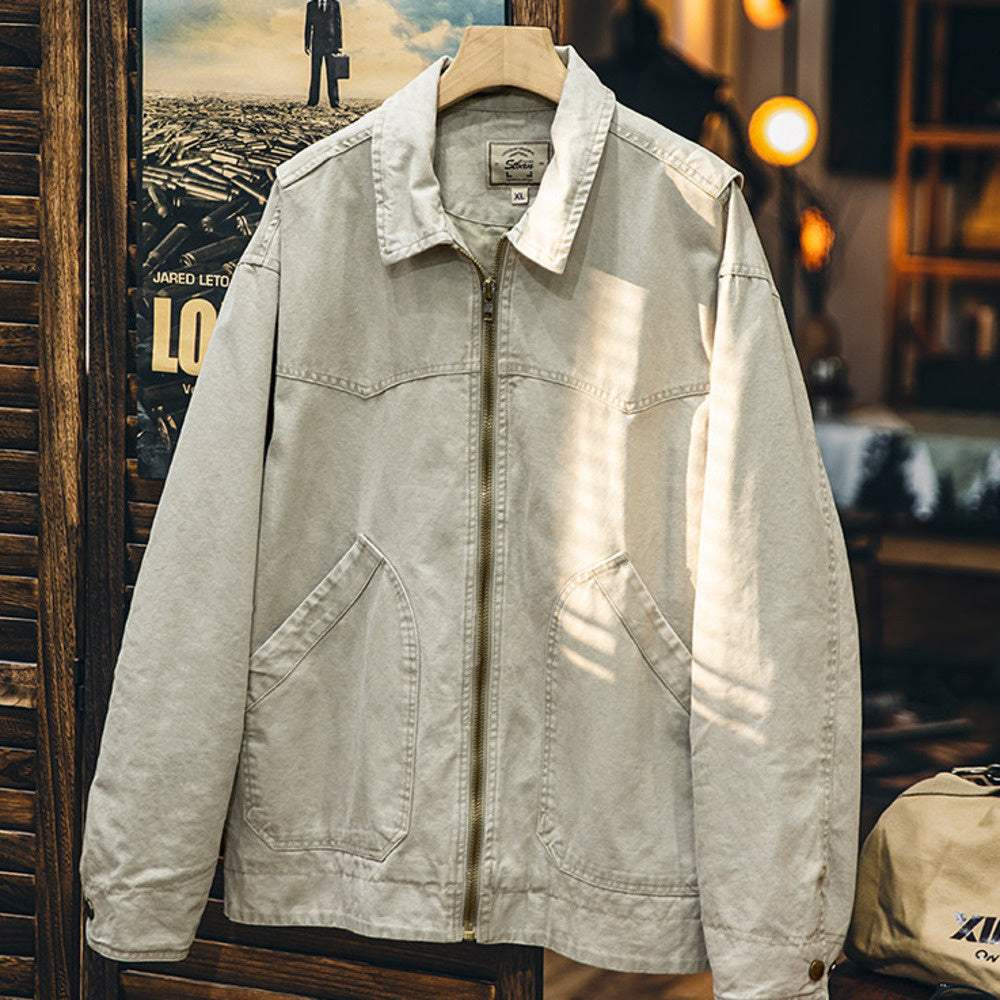 30g純棉重磅帆布復古夾克男春季2025新款美式做舊翻領機車外套男