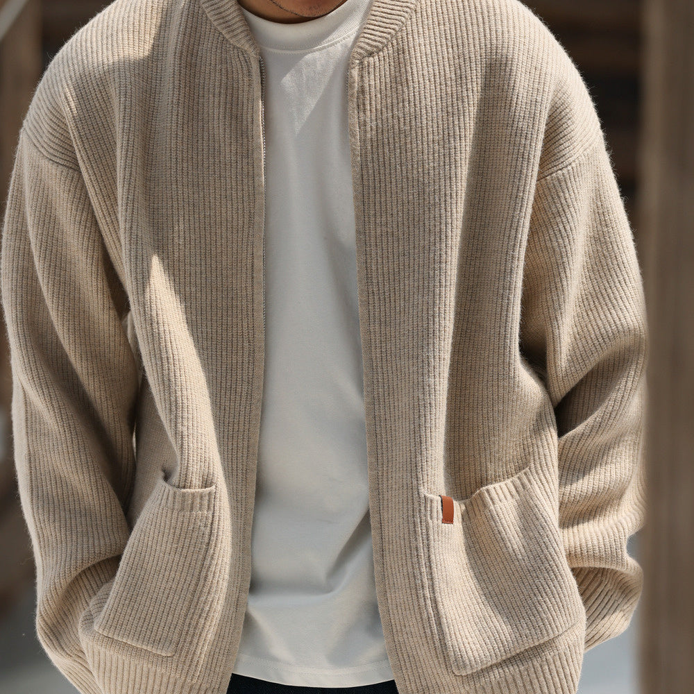 美式休閒680g重磅拉鍊開衫毛衣男7針粗線復古針織外套冬-Retro's Wear