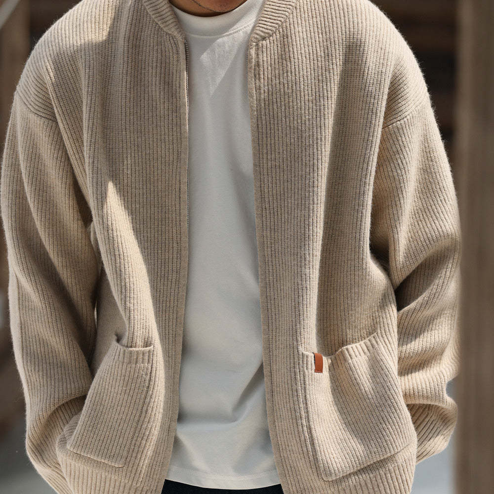 美式休閒680g重磅拉鍊開衫毛衣男7針粗線復古針織外套冬-Retro's Wear