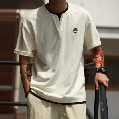 美式假兩件V型領設計短袖T恤男220g涼感休閒刺繡打底衫