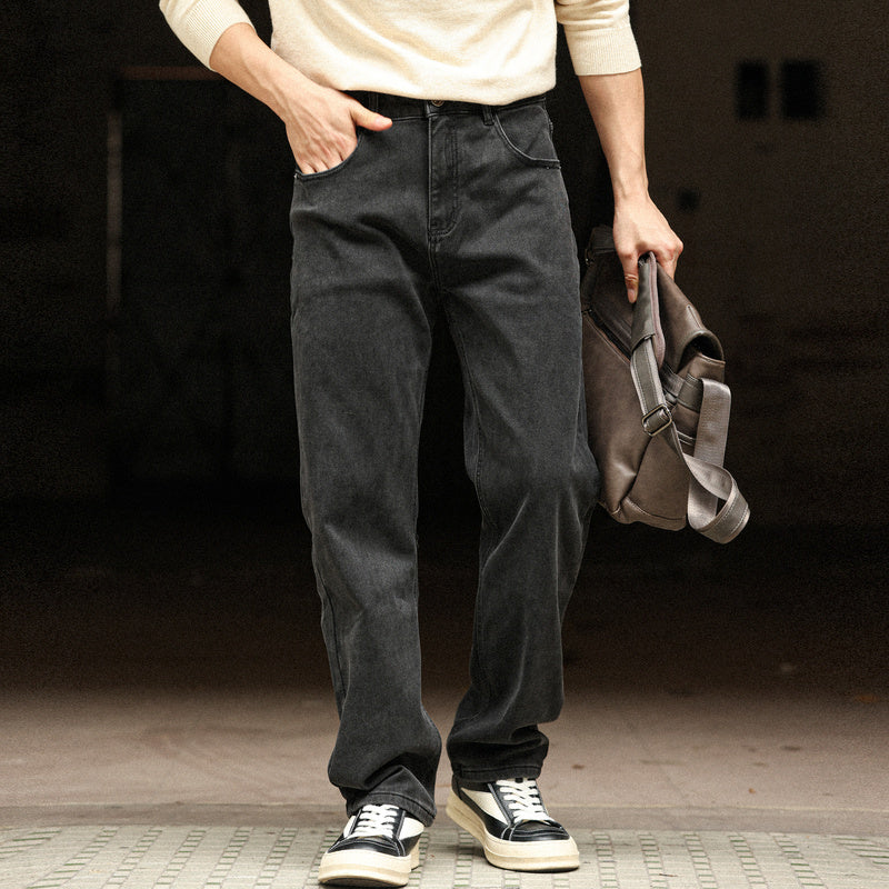 美式復古黑色牛仔褲男洗水做舊中腰窄版闊腿直筒長褲子-Retro's Wear