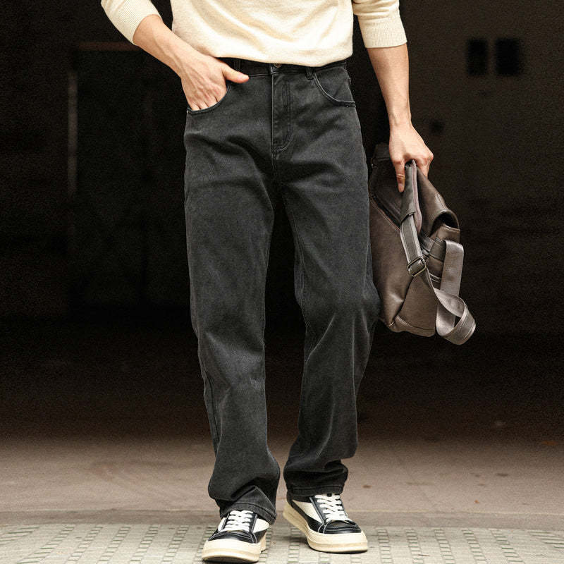 美式復古黑色牛仔褲男洗水做舊中腰窄版闊腿直筒長褲子-Retro's Wear