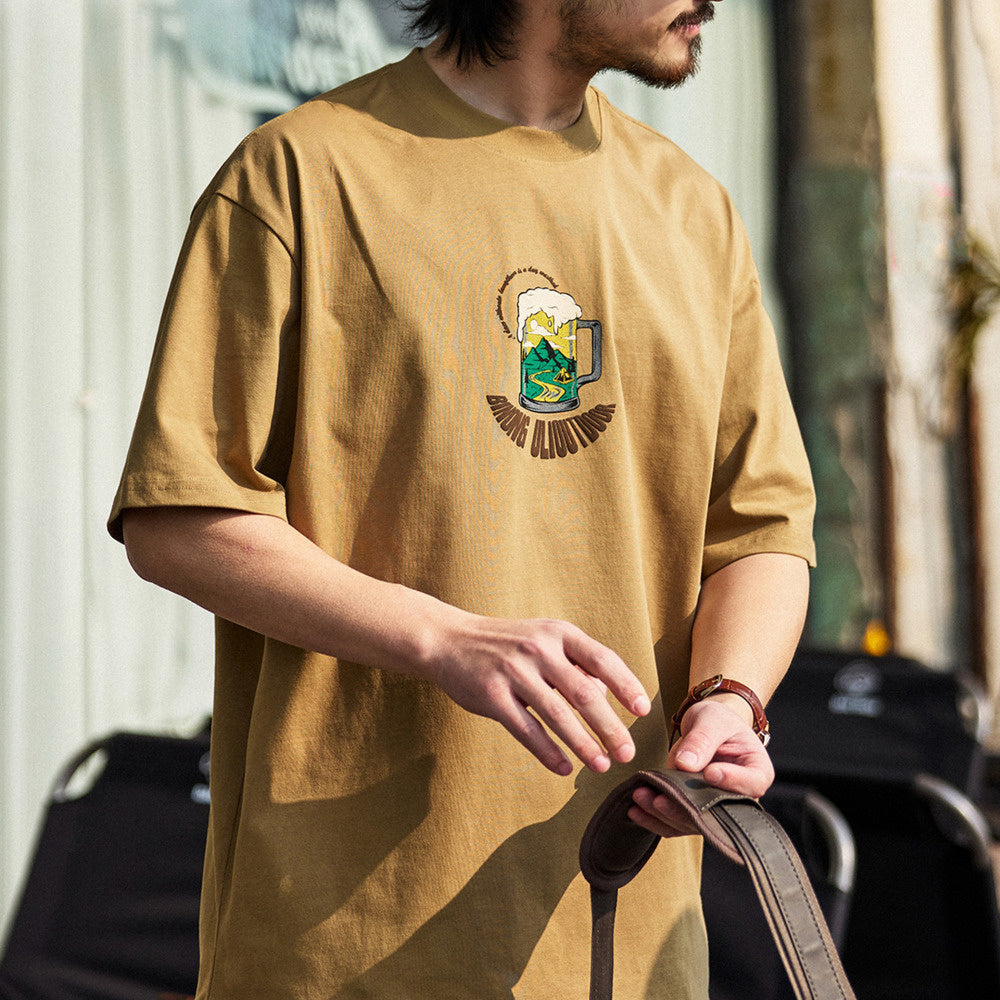 美式休閒230g水洗短袖T恤男寬鬆沙灘啤酒休閒圓領打底衫