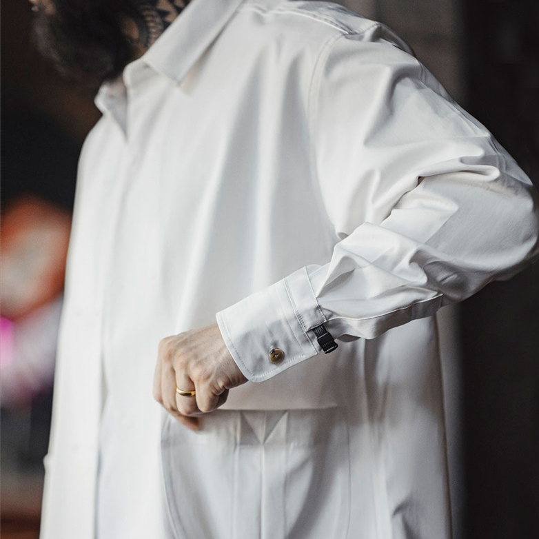 美式休閒人字紋雙排扣長袖襯衫百搭通勤翻領白襯衣男秋季-Retro's Wear