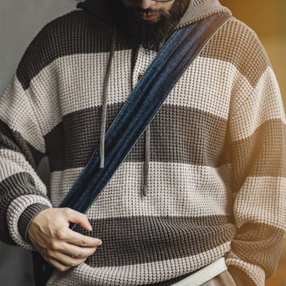 美式休閒撞色條紋連帽針織衫學院風毛衣寬鬆套頭衛衣男秋-Retro's Wear