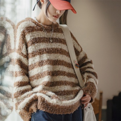 美式休閒圈圈絨條紋毛衣圓領針織衫女冬-Retro's Wear