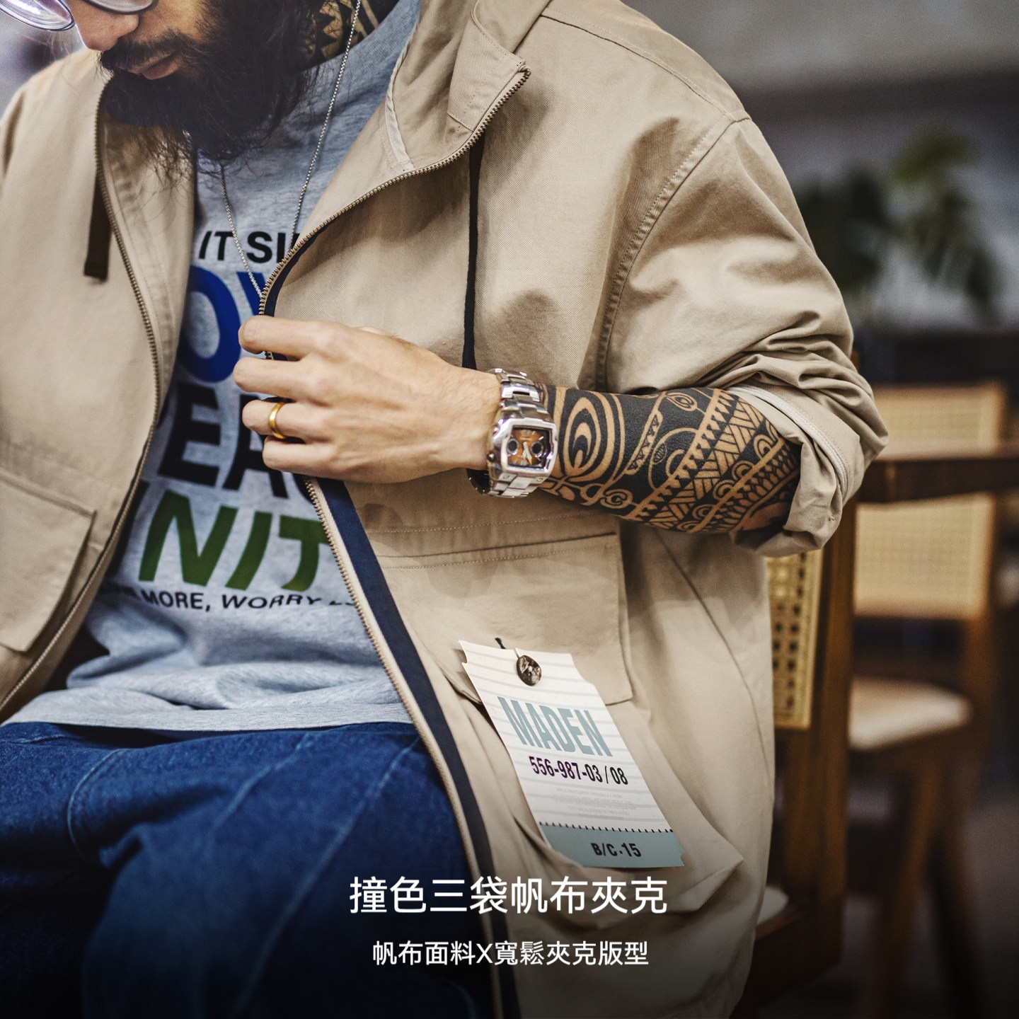 美式復古多口袋夾克純棉帆布卡其色立領連帽薄款外套男春