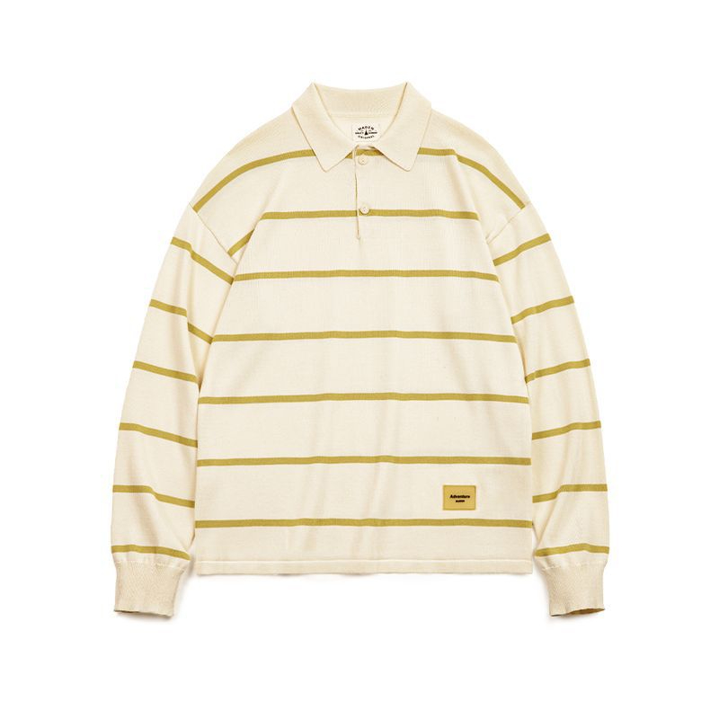 美式休閒條紋針織polo衫撞色翻領半開襟寬鬆長袖T恤男春