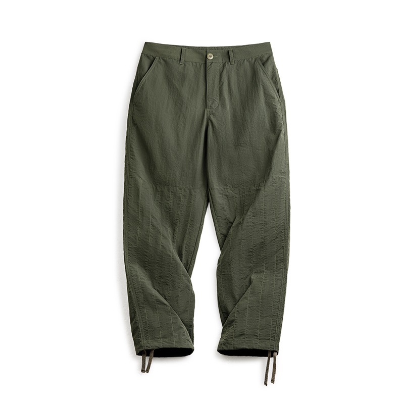美式復古絎線褶皺雙膝褲薄款抽繩束脚軍綠直筒休閒褲男秋-Retro's Wear