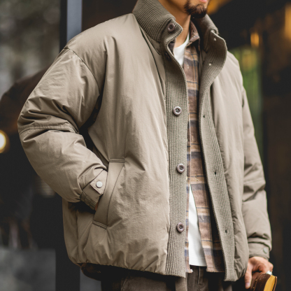 90白鴨絨工裝立領羽絨服男2025冬季新款寬鬆加厚保暖針織拼接外套