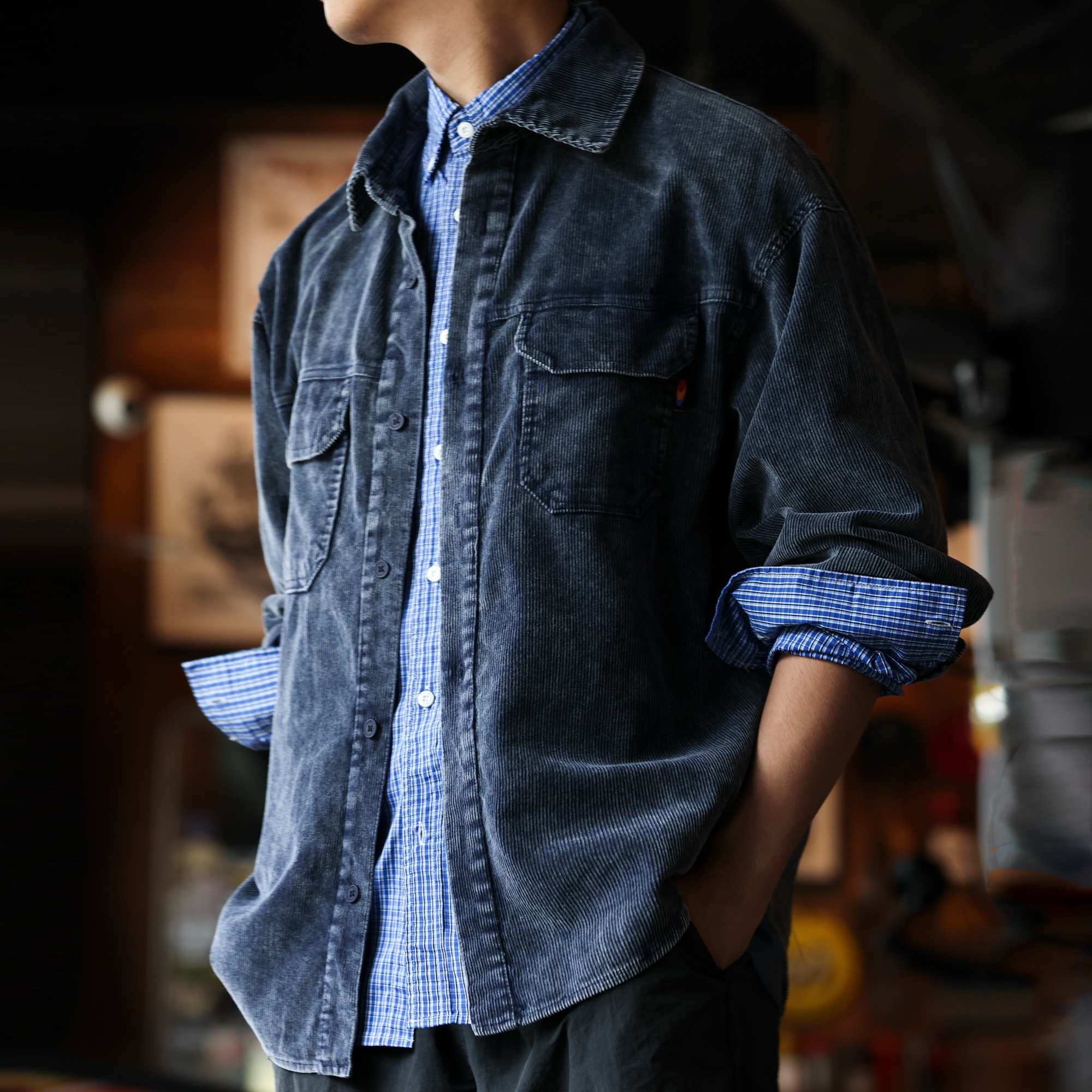 日系復古燈芯絨工裝襯衣外套男疊穿重磅水洗條絨襯衫秋