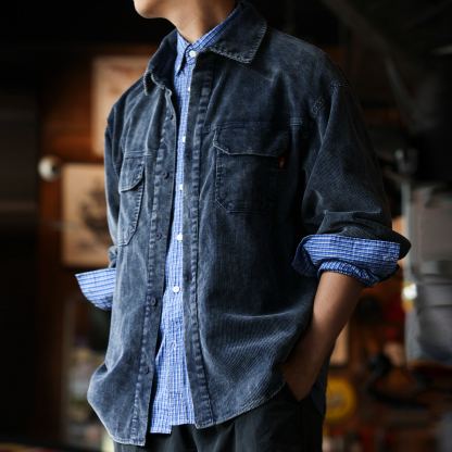 日系復古燈芯絨工裝襯衣外套男疊穿重磅水洗條絨襯衫秋
