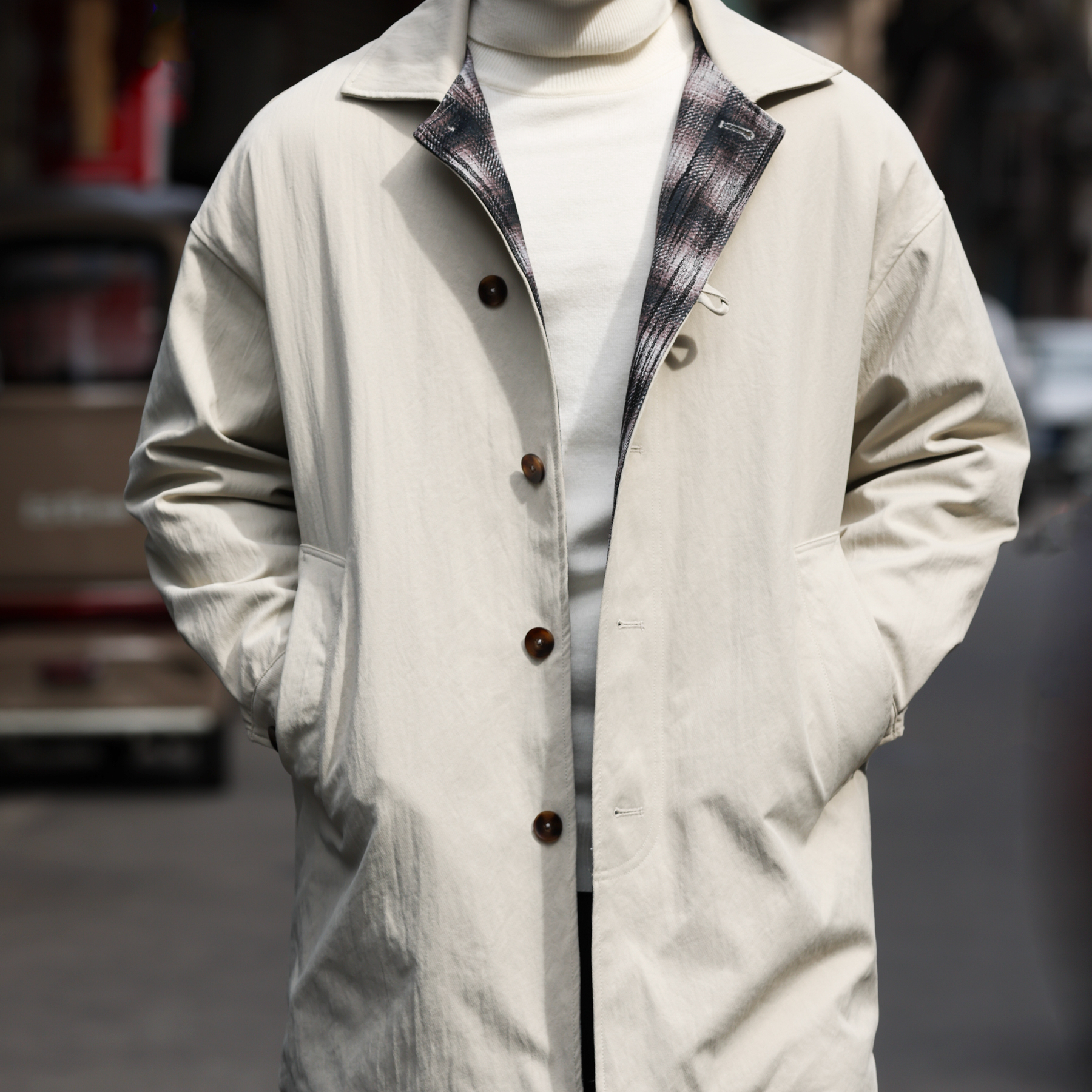 美式休閒翻領中長款風衣男夾棉加厚單排扣簡約棉衣外套