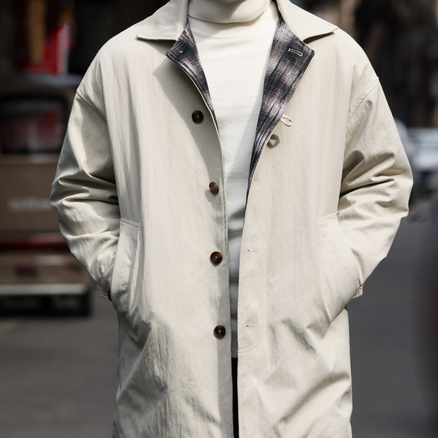 美式休閒翻領中長款風衣男夾棉加厚單排扣簡約棉衣外套