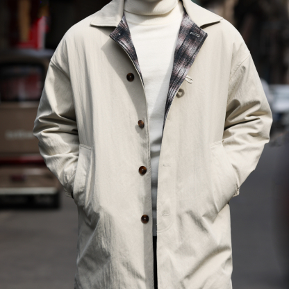 美式休閒翻領中長款風衣男夾棉加厚單排扣簡約棉衣外套