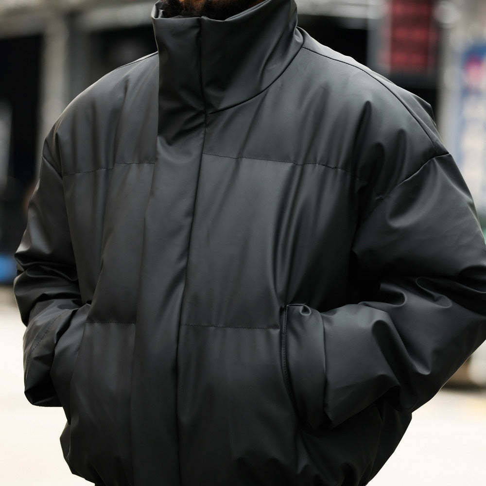 美式休閒cleanfit短款立領PU皮棉服外套男寬鬆復古高級感棉衣-Retro's Wear